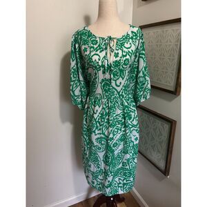 Emma & Michele 2X Green White Ikat Paisley Boho Peasant Dress Preppy Coastal